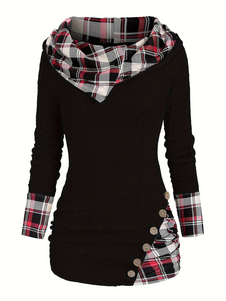 1940s Knit Plaid Button Hooded Sweater