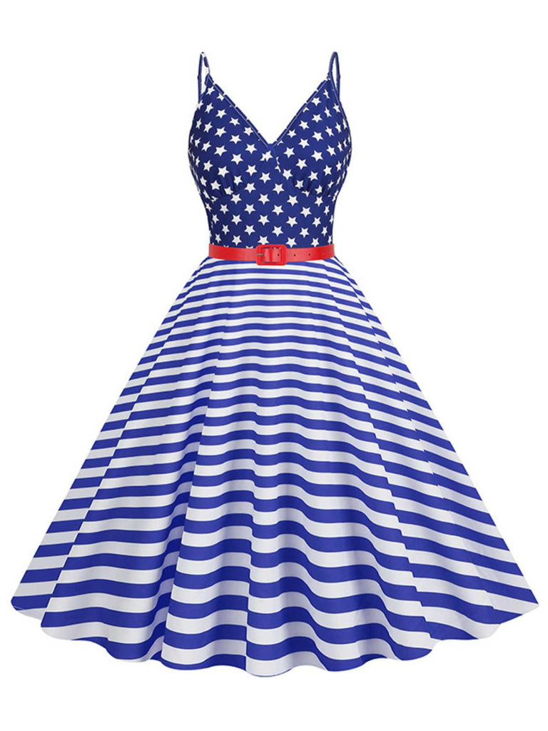 1950s V-Neck Star Stripes Flag Belted Swing Dress