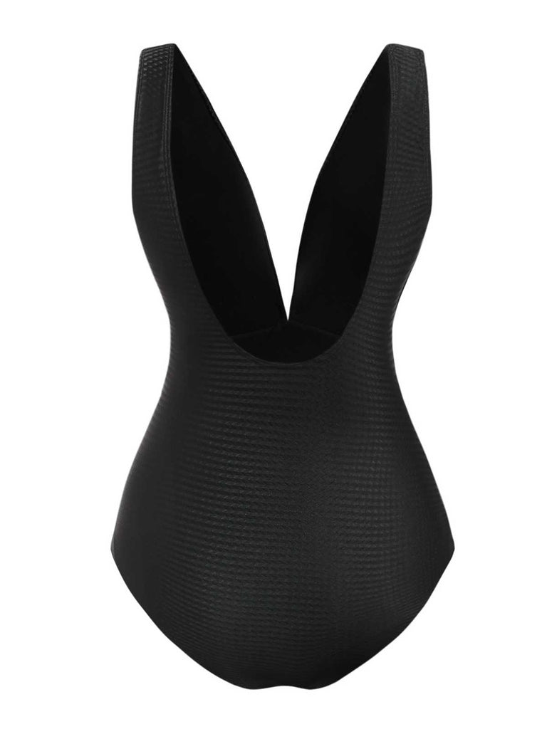Black 1930s Deep V-Neck Seashell One-Piece Swimsuit