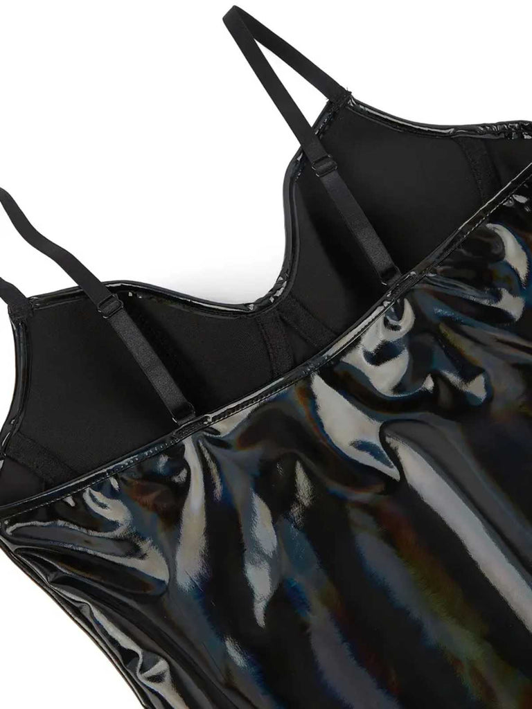 Black 1980s Spaghetti Strap Leather Bodysuit