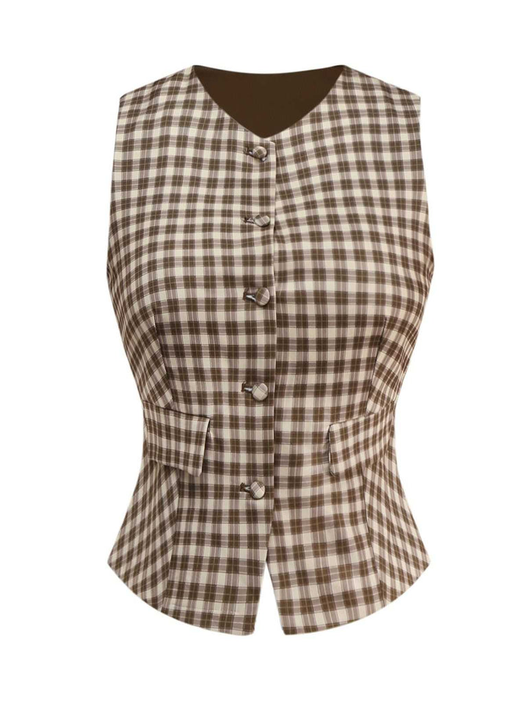 2PCS Brown 1960s Gingham Plaid Pleated Vest & Skirt