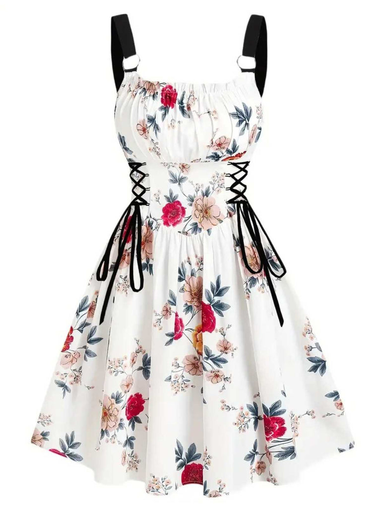 1950s Strap Floral Butterflies Lace-Up Corset Dress