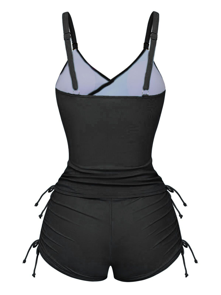 1950s Floral Solid Lace-Up Tankini Set