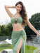 Green 1970s Boho Beaded Bikini Set & Ruched Cover-Up
