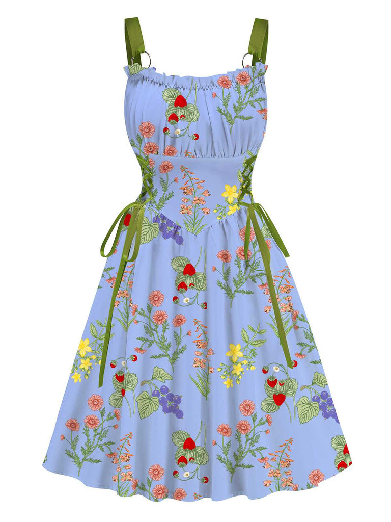 1950s Strap Floral Lace-Up Corset Dress