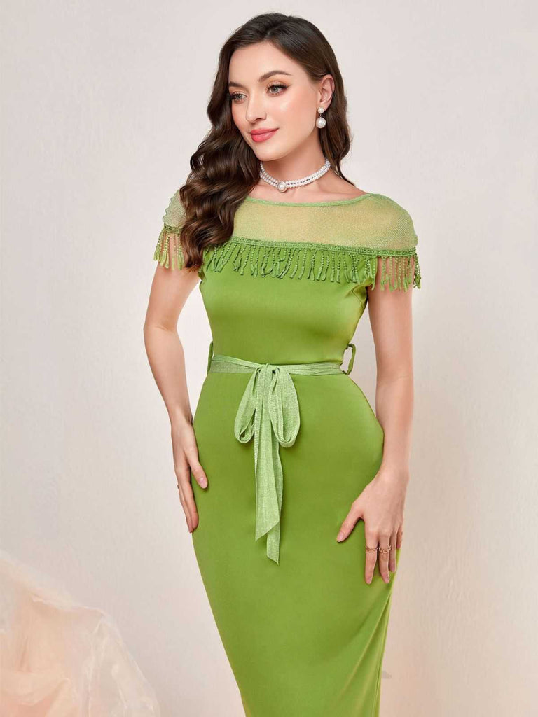 1960s Sheer Fringe Belted Bodycon Dress