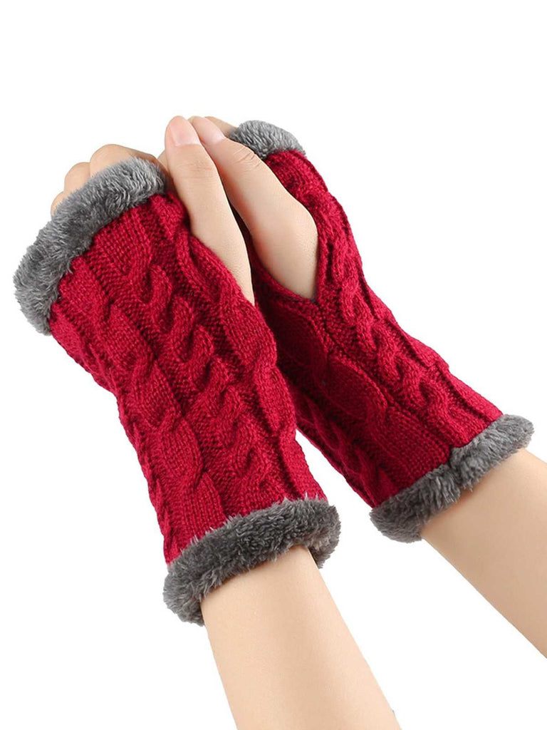 Winter Faux Fur Trim Knit Fingerless Gloves