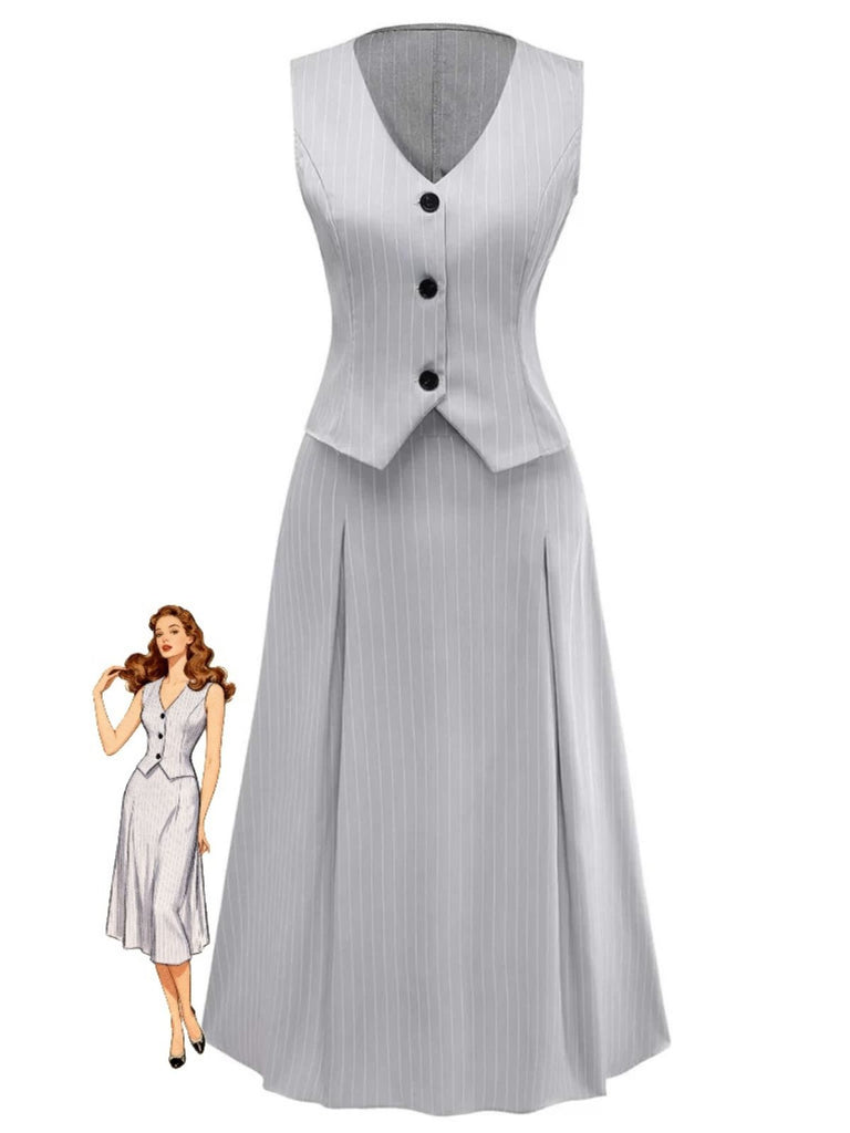 2PCS 1940s Stripe Sleeveless Vest & Midi Skirt