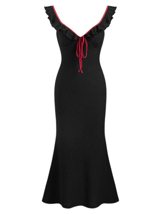 Black 1930s V-Neck Ruffled Knitted Mermaid Dress