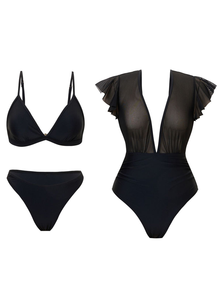 1960s Solid Mesh Plunge Bikini Set & Cover-Up