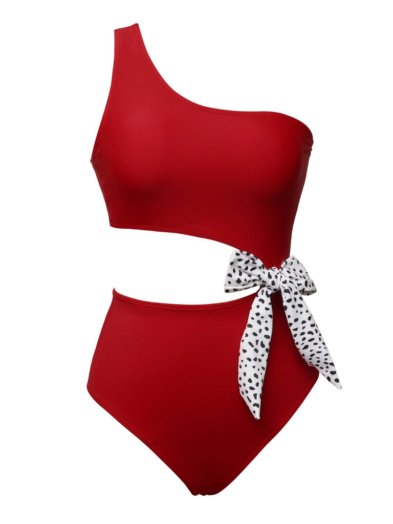 1940s Solid Waist Hollow Dots Bow Patchwork Swimsuit