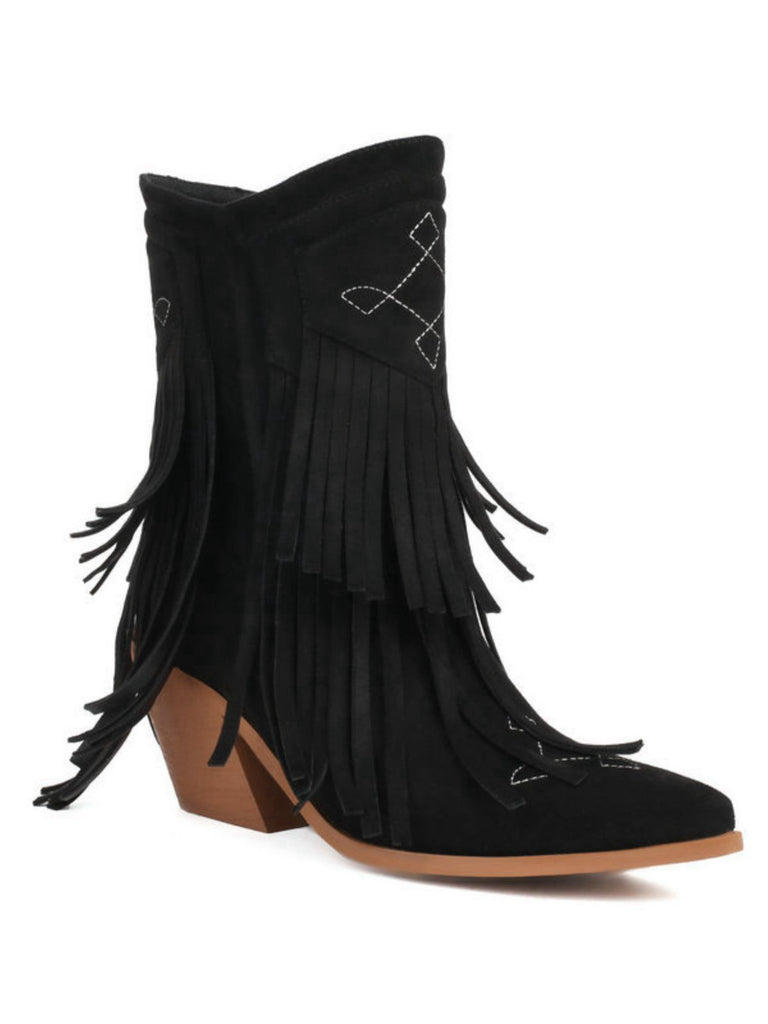 Vintage Tassel Mid Heel Flannelette Boots