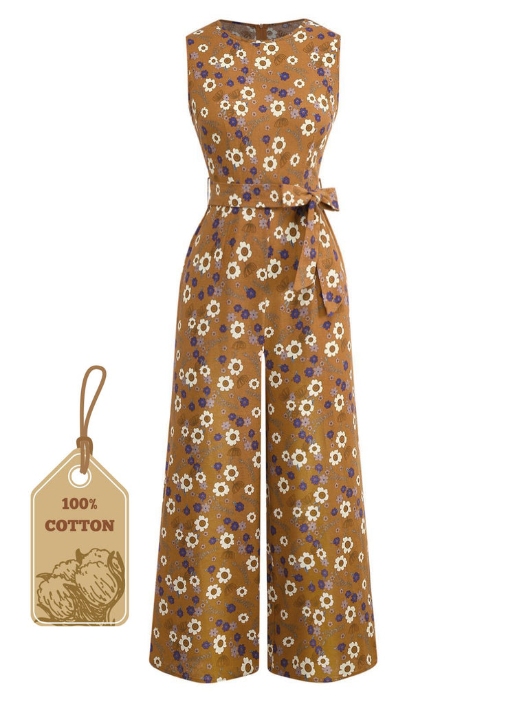 1950s Cotton Sleeveless All-Over Floral Belted Jumpsuit
