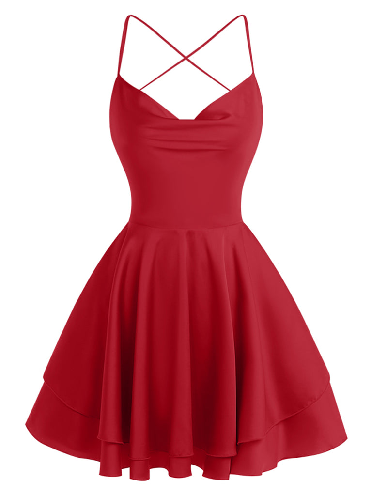 1960s Solid Satin Back Lace-Up Mini Dress