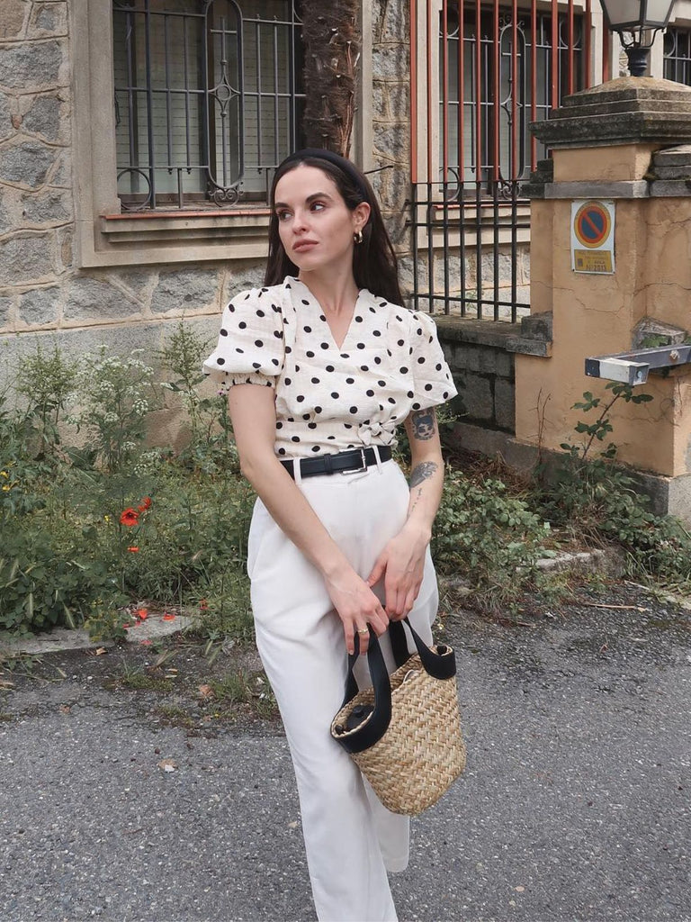 Beige 1940s Dots Bowknot V-Neck Blouse