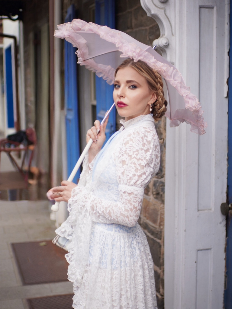 White 1980s Gigot Sleeve Victorian Lace Dress