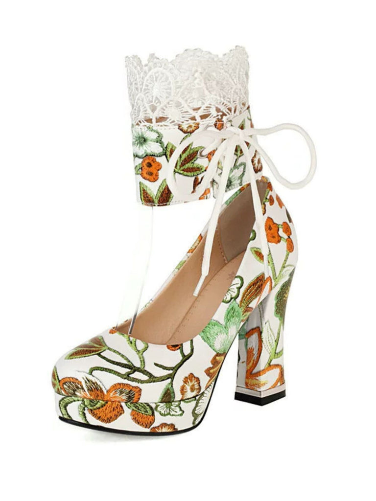 Vintage Lace-Up Embroidered Floral High Heels