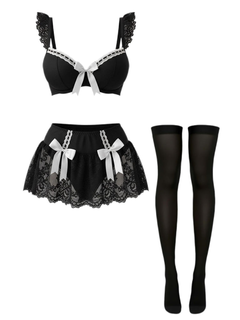 1980s Lace Bow Maid Costume Loungewear Set