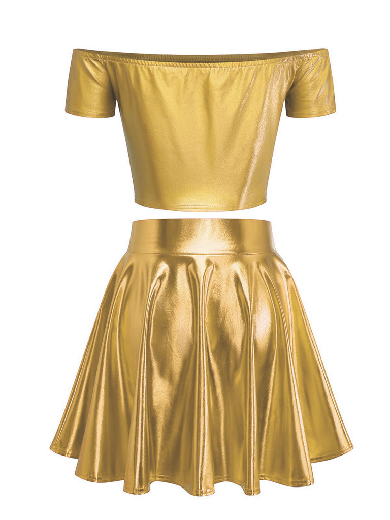 2PCS Metallic 1970 Disco Off-Shoulder Top & Pleated Skirt