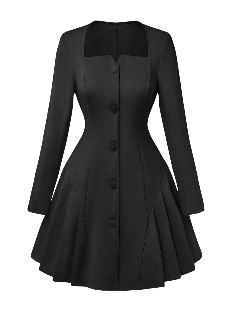 1950s Sweetheart Neck Long Sleeve Solid Pleated Dress