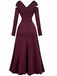 Burgundy 1940s Off-Shoulder Long Sleeve Pleated Dress
