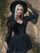Black 1960s Gothic Flocked Dress