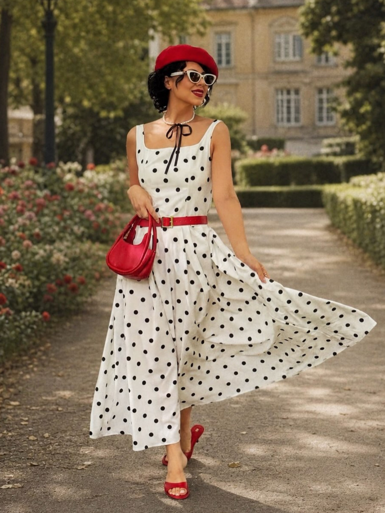 White 1950s Square Neck Polka Dot Sleeveless Pleated Dress