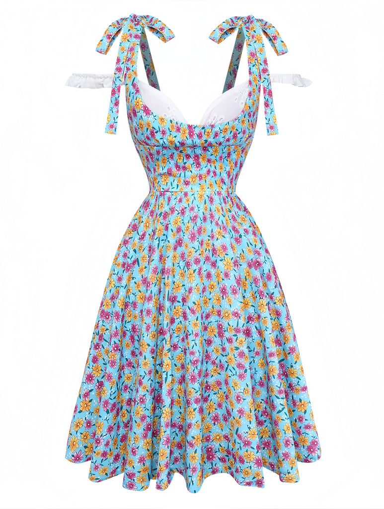 Blue 1960s Daisy Floral V-Neck Slit Short Dress