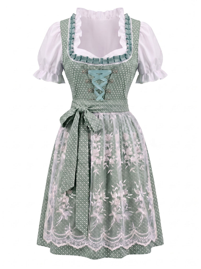 3PCS 1950s Square Neck Floral Dress & White Puff Top & Apron