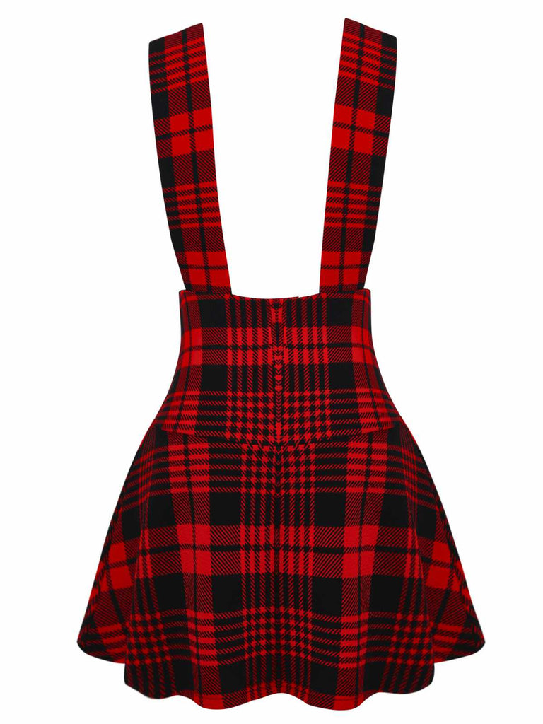 Red 1970s Plaids Button Suspender Skirt