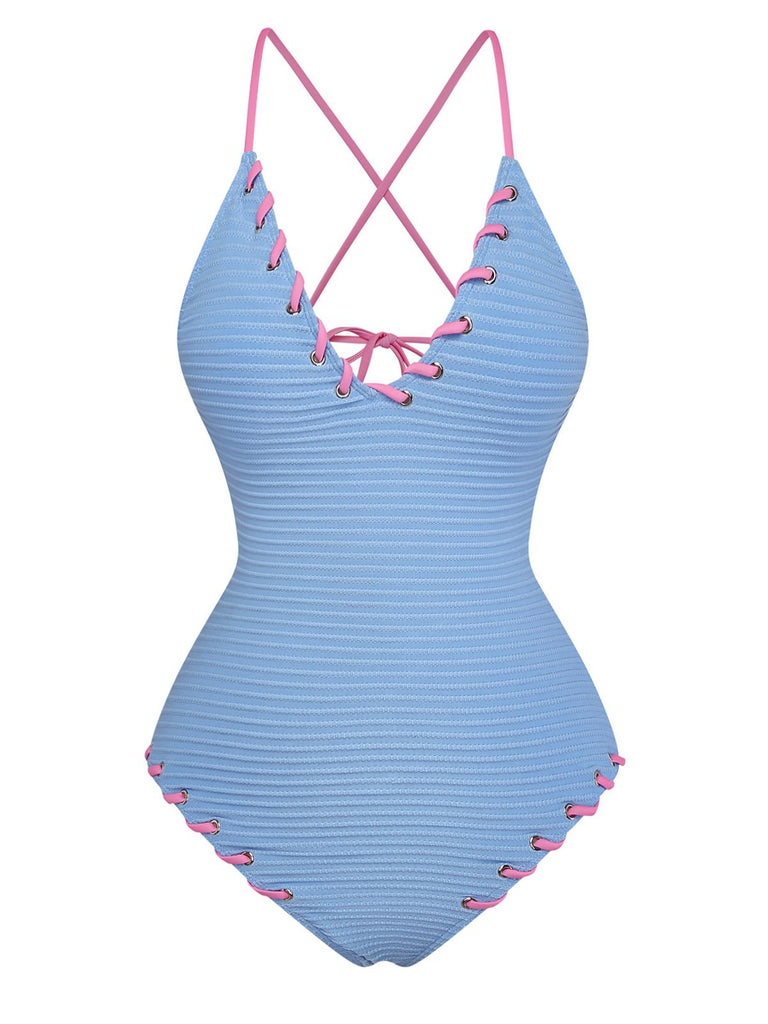 Light Blue 1950s Stripe Lace-Up Ruched One-Piece Swimsuit