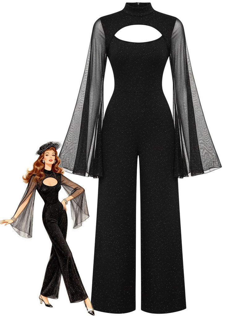 [Pre-Sale] Black 1930s Sparkly Cutout Jumpsuit with Cape