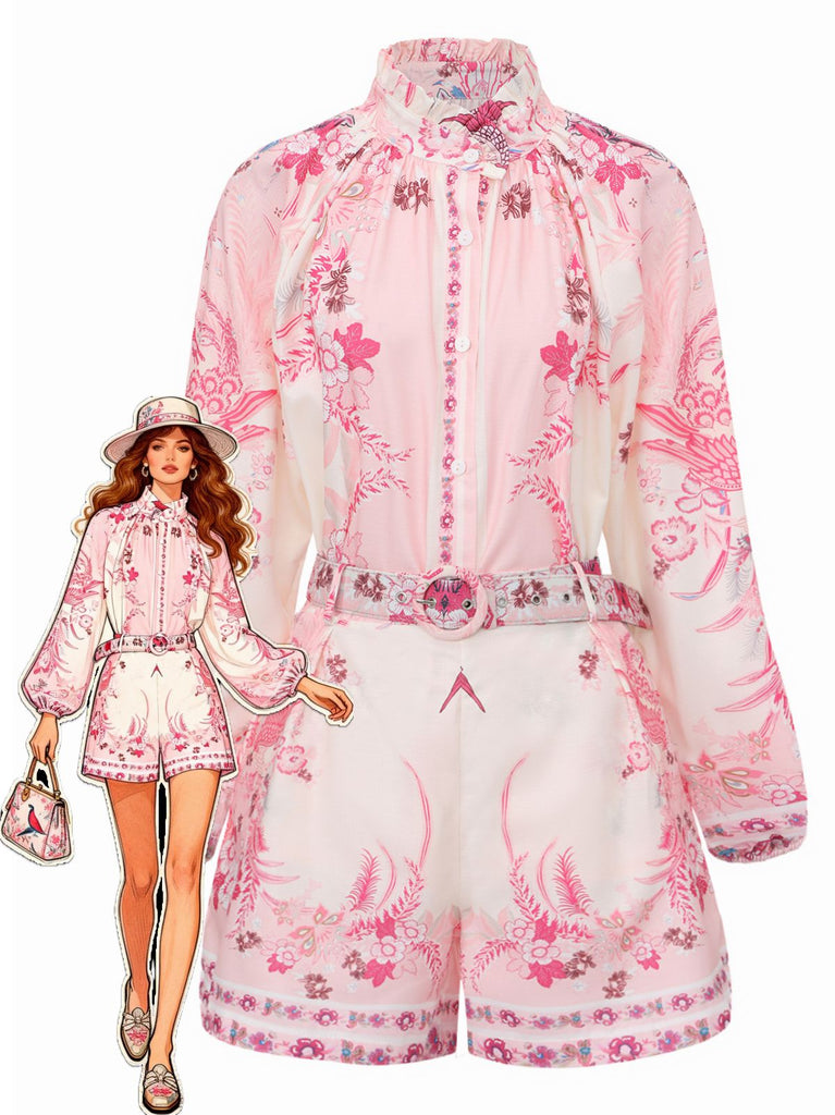 2PCS Pink 1970s Bohemian Floral Blouse & High-Waisted Shorts