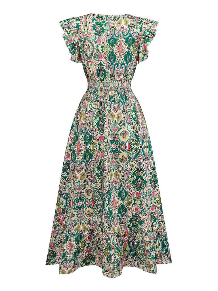 1970s V-Neck Paisley Print Ruffed Sleeve Dress
