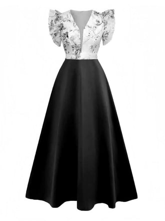 1930s Floral Flounce Sleeve V-Neck Patchwork Dress