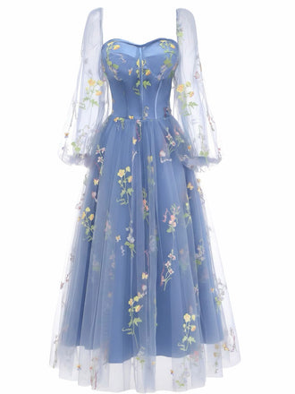Blue 1930s Floral Embroidered Mesh Long Sleeve Dress