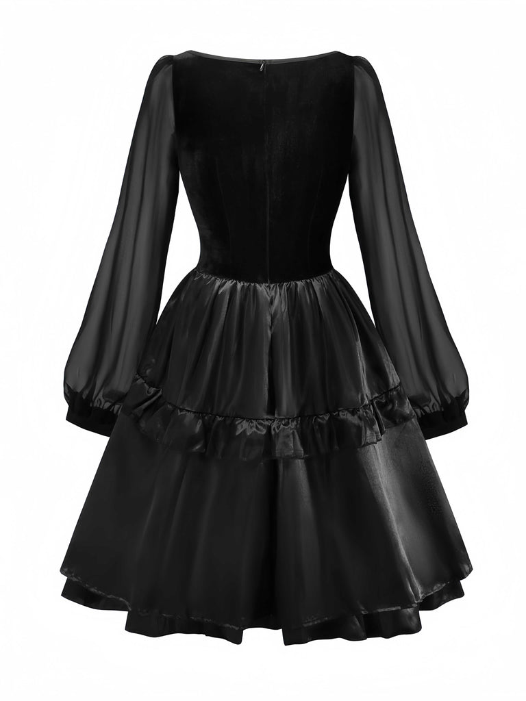 1980s Gothic Cross Velvet 3D Roses Dress With Headband