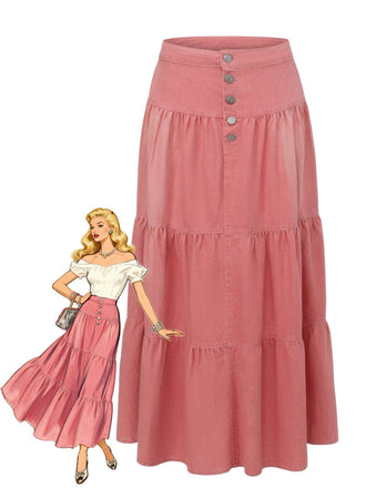 Pink 1940s Denim Button-Down Tiered Maxi Skirt