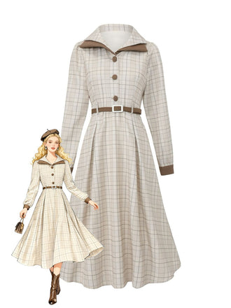 Beige 1940s Plaid Belted Button Shirt Dress