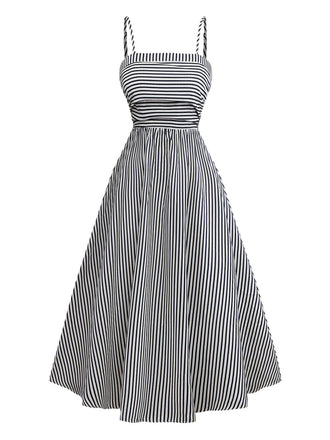 Black&White 1970s Striped Ruched Spaghetti Strap Dress