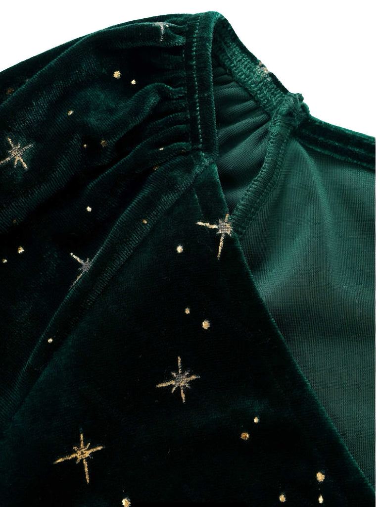 Dark Green 1940s V-Neck Star Velvet Dress