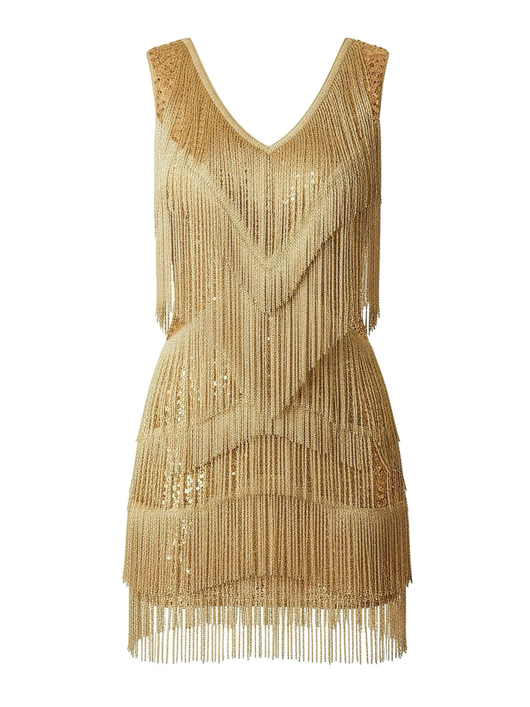 Gold 1920s Fringe Sequin V-neck Mini Dress