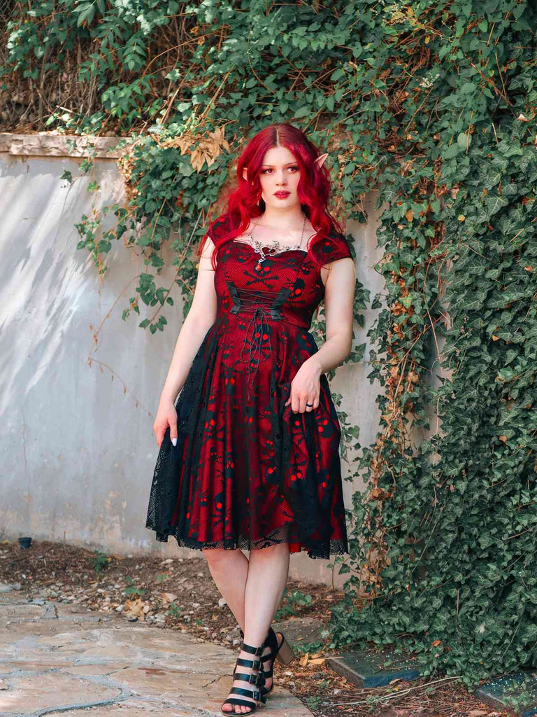 Wine Red 1950s Skull Mesh Swing Dress