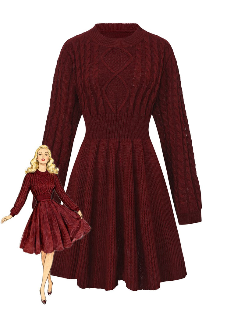1940s Solid Knitted Lantern Sleeve Sweater Dress