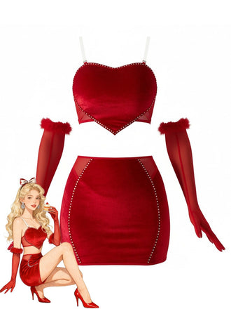2PCS Red 1980s Velvet Heart Cutout Crop Top & Skirt