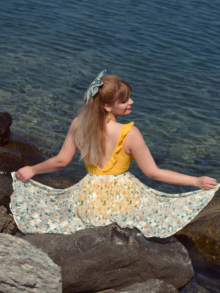 Yellow 1930s V-Neck One-piece Swimsuit