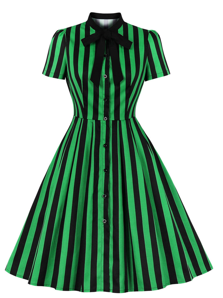 Green 1950s Tie Neck Button Black Stripes Dress