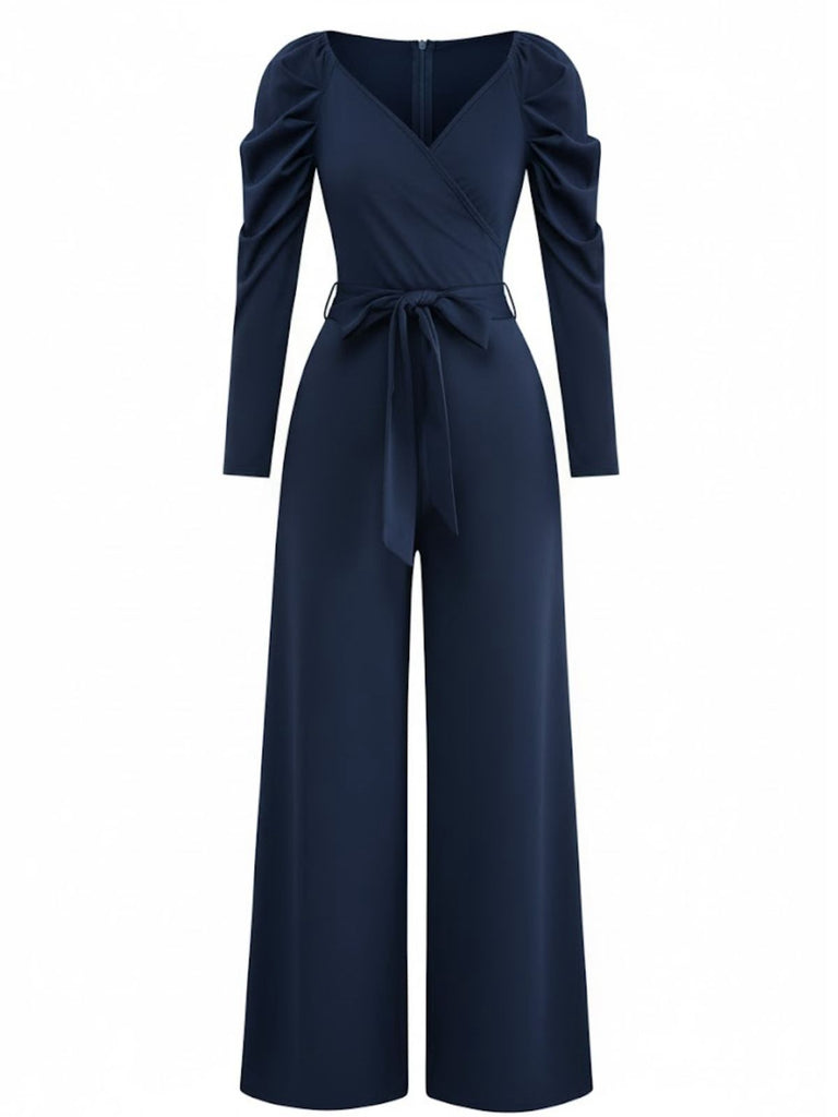 1930s Solid Ruched V-Neck Belted Jumpsuit