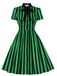 Green 1950s Tie Neck Button Black Stripes Dress