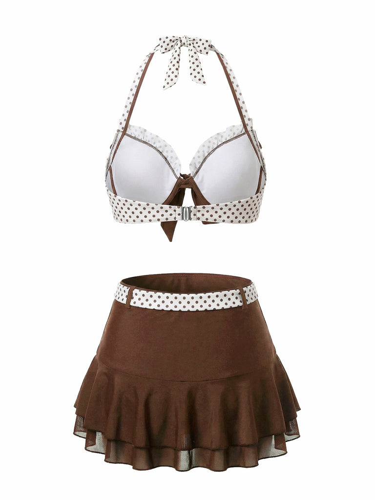 3PCS Brown 1970s Polka Dot Ruffle Halter Swimsuit Set